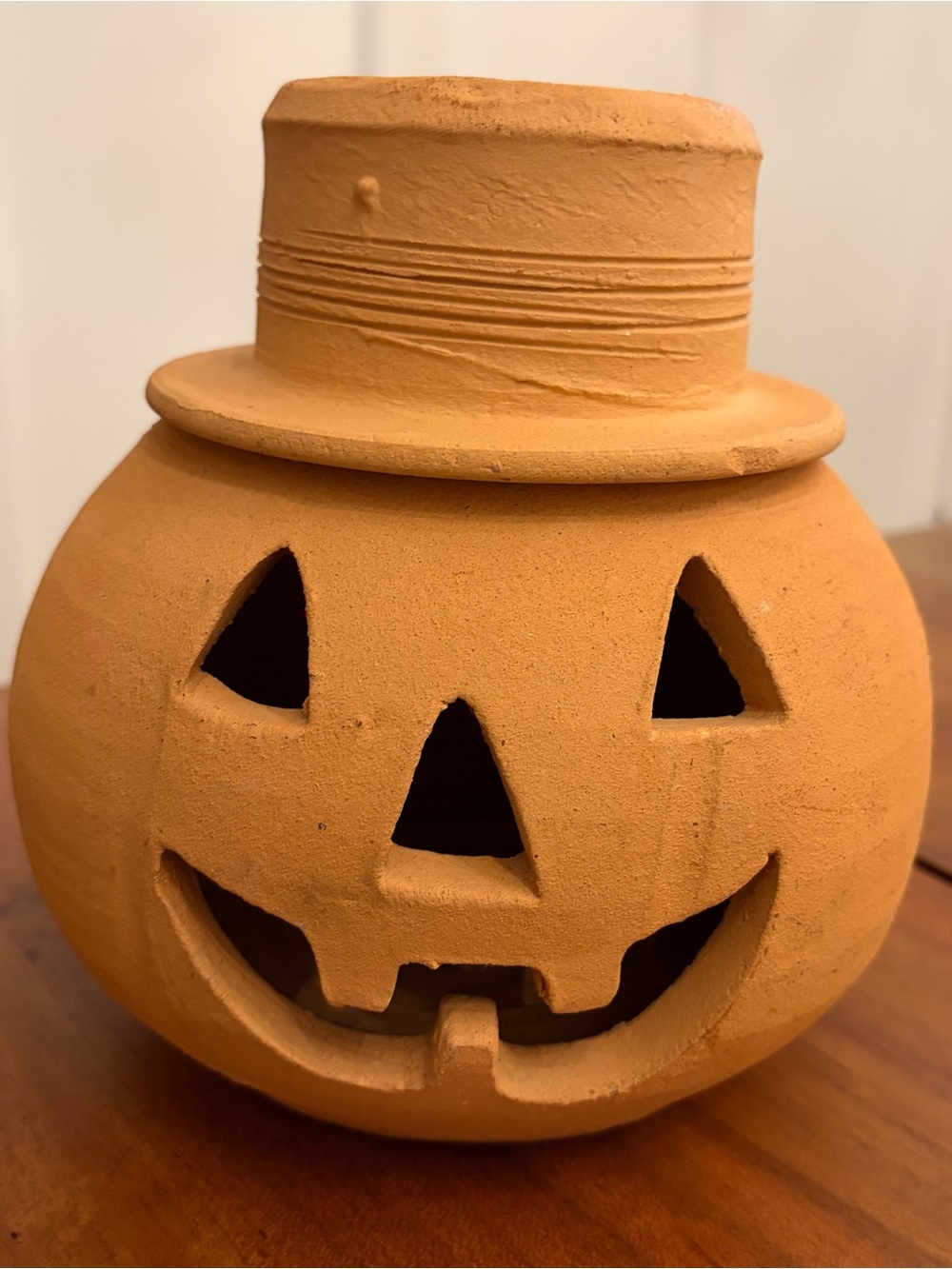 Vintage Terracotta Jack O Lantern Pumpkin Candle Holder with Top Hat Lid Clay 7"